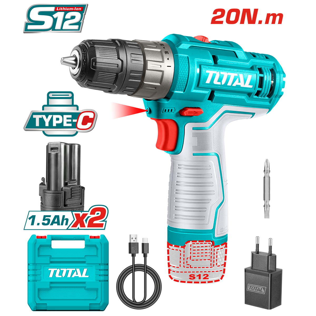 Total 12V Li-Ion Akülü Darbesiz Matkap (2 x 1.5Ah Akü ve Type-C Şarj Cihazı Dahil) - TDLI122028