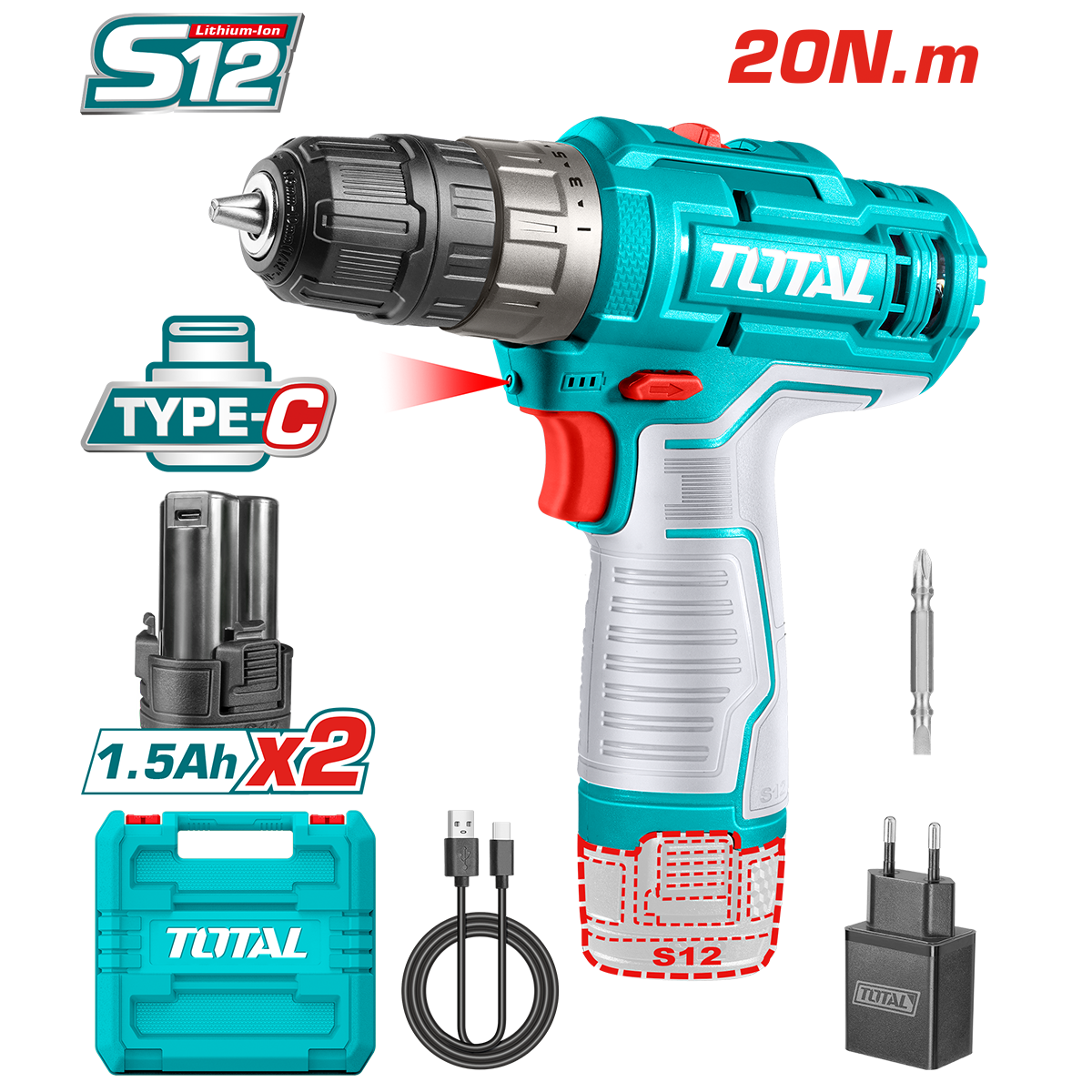 Total 12V Li-Ion Akülü Darbesiz Matkap (2 x 1.5Ah Akü ve Type-C Şarj Cihazı Dahil) - TDLI122028