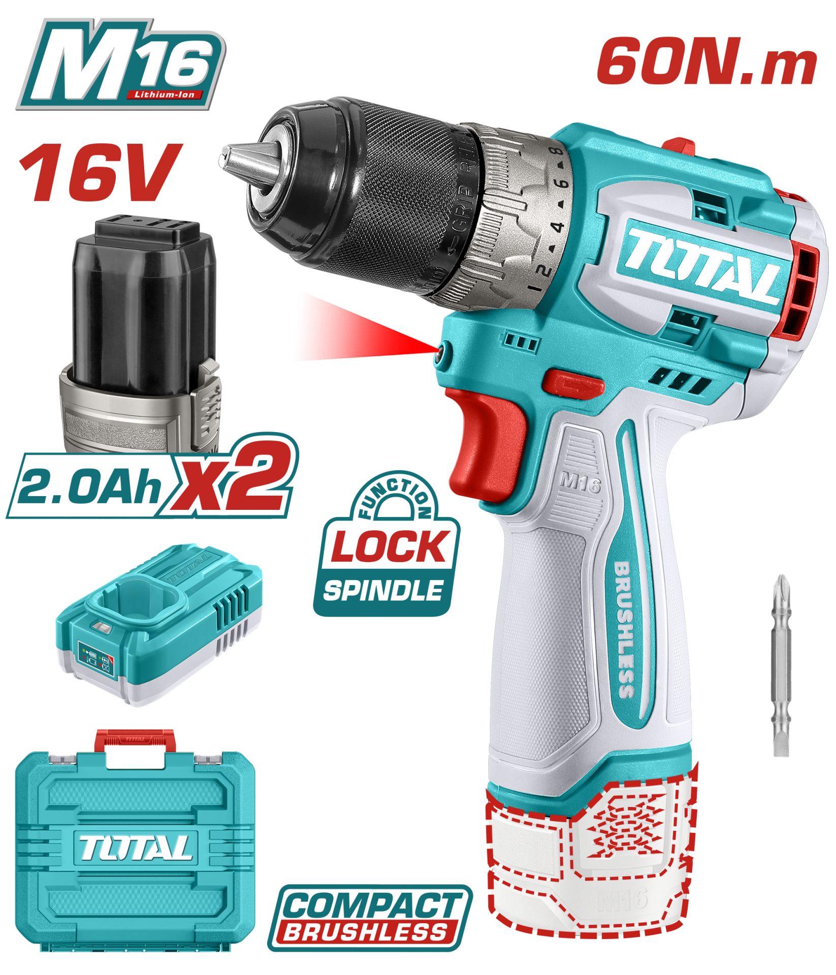 Total 16V Li-Ion Akülü Kömürsüz Matkap (2 x 2.0Ah Akü ve Şarj Cihazı Dahil) - TDLI16682