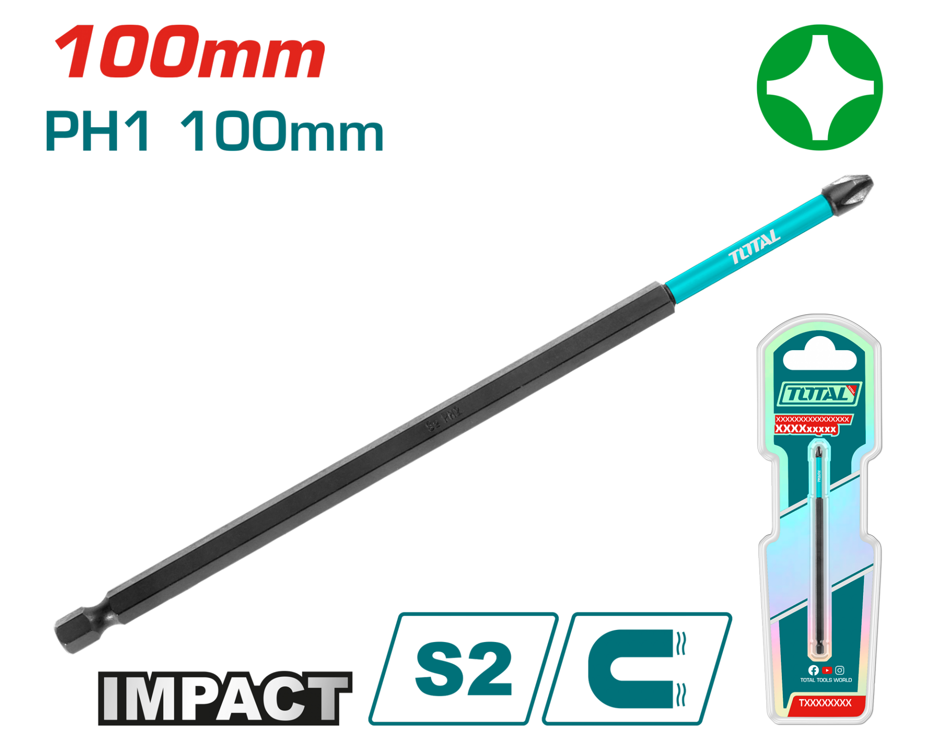 Total Darbeli 100 mm PH1 Bits Ucu (Kartelalı) TACIM71PH1100