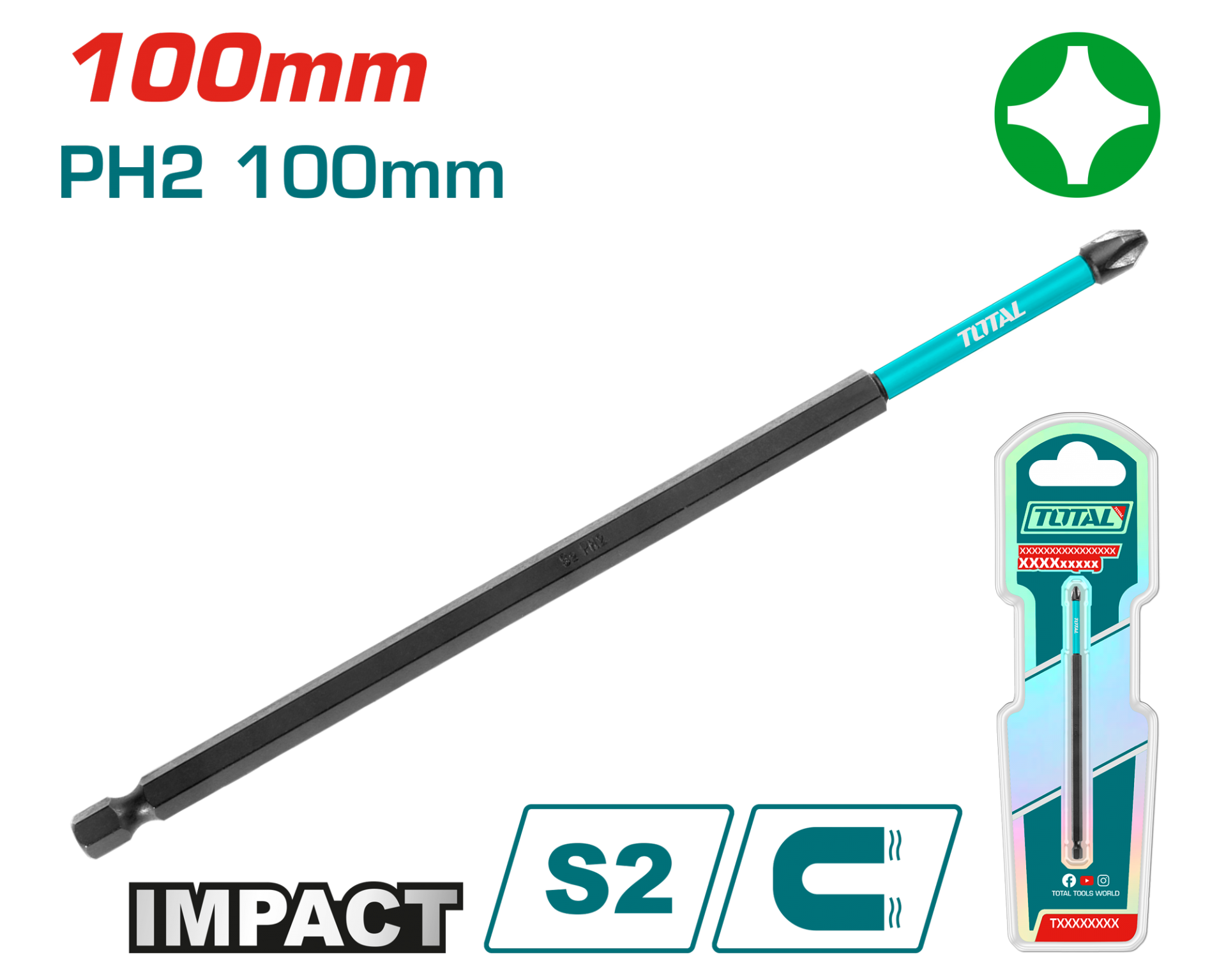 Total Darbeli 100 mm PH2 Bits Ucu (Kartelalı). TACIM71PH2100