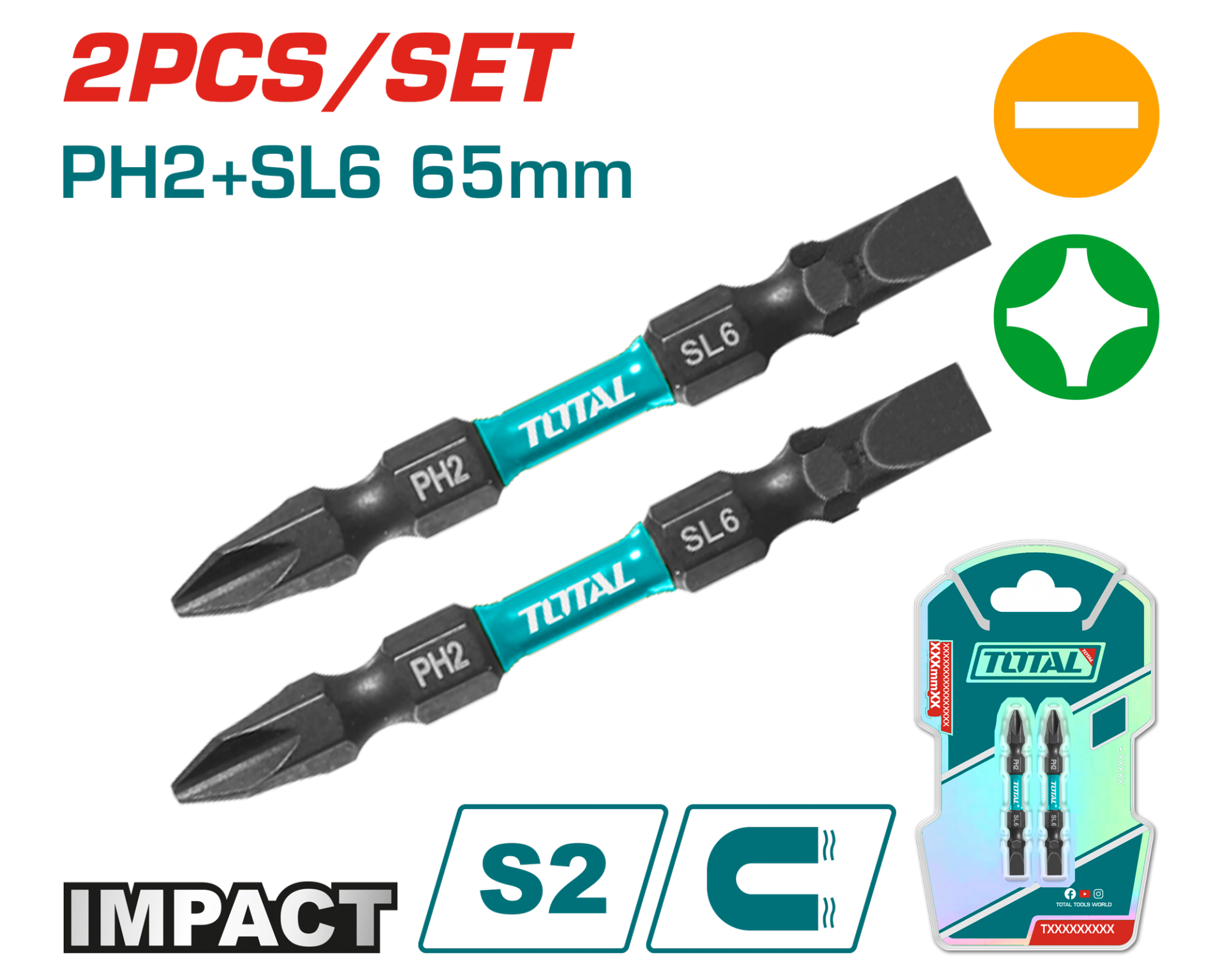 Total Darbeli 65 mm 2’li Çift Taraflı PH2+SL6 Bits Uç - TACIM72HL665