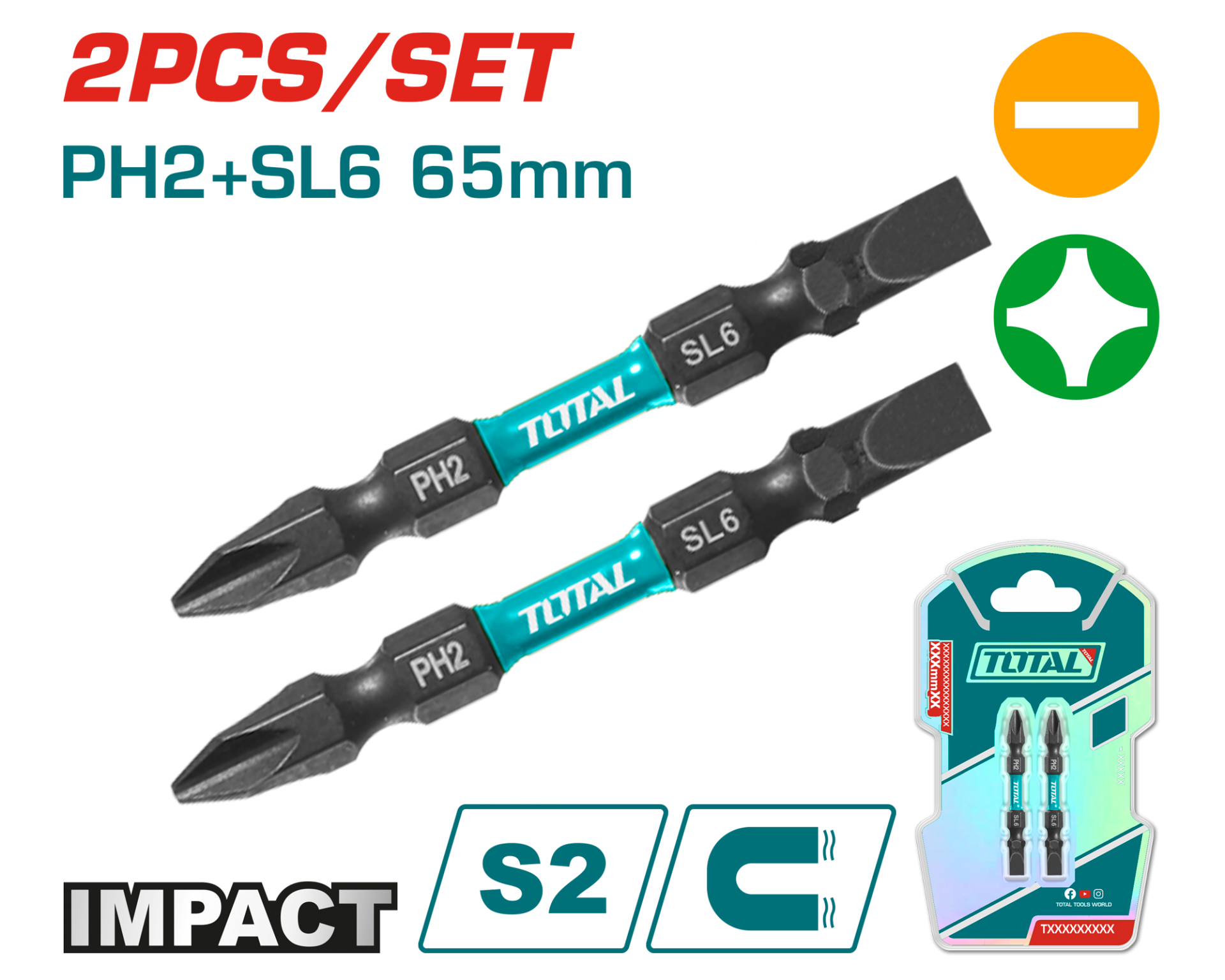 Total Darbeli 65 mm 2’li Çift Taraflı PH2+SL6 Bits Uç - TACIM72HL665