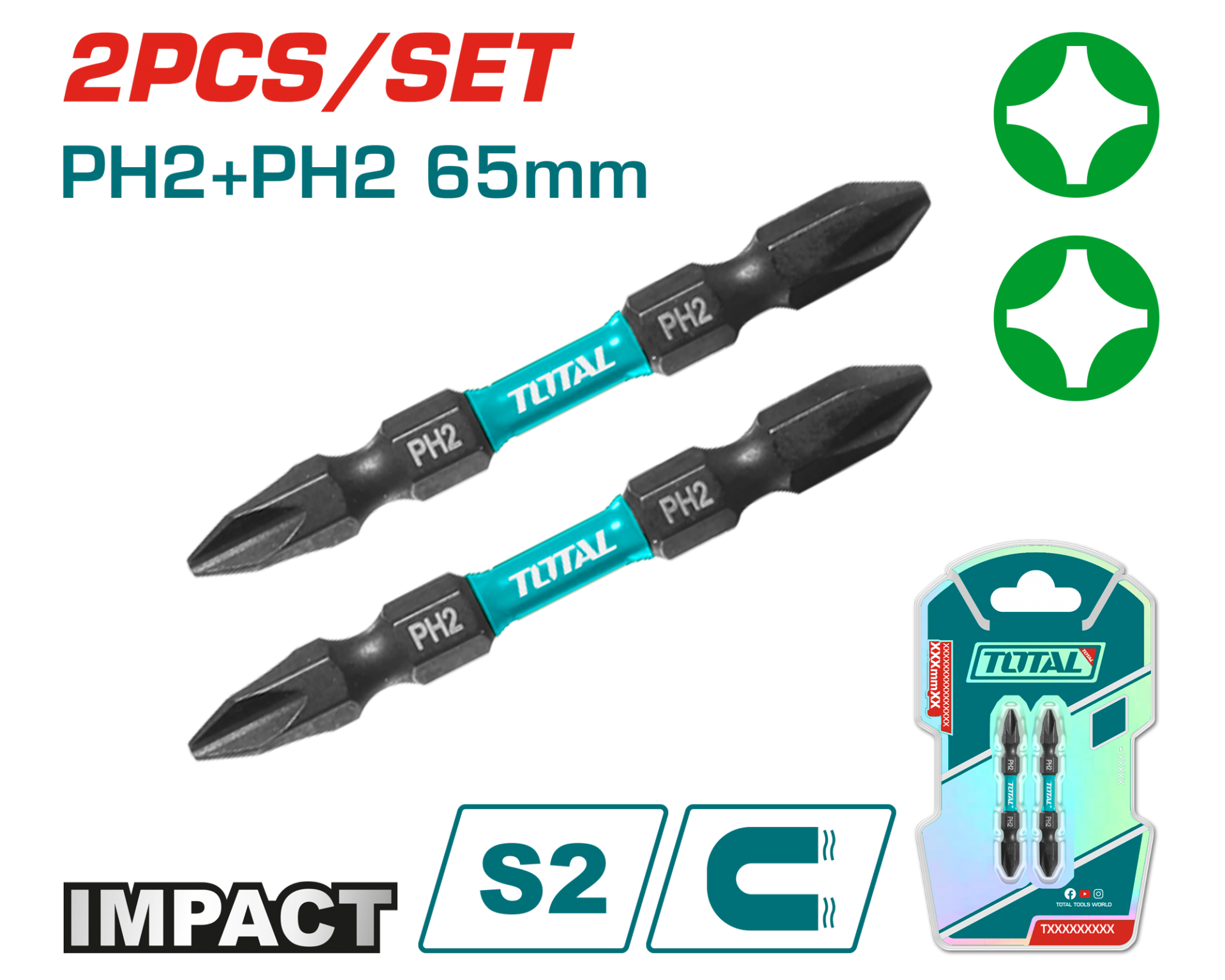 Total Darbeli 65 mm 2’li Çift Taraflı PH2 Bits Ucu - TACIM72PH265